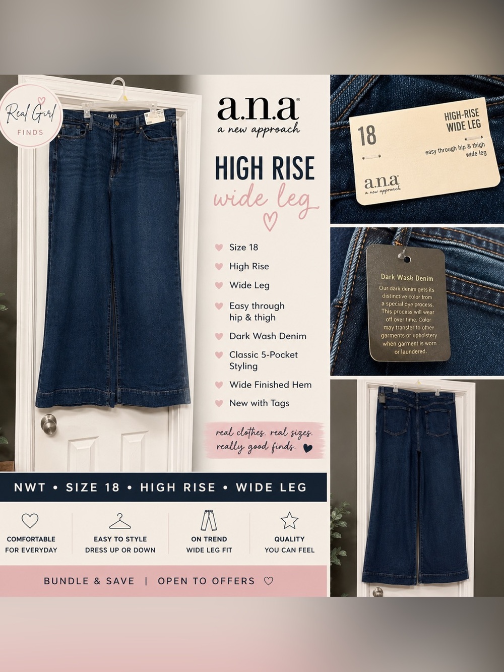NWT a.n.a. High Rise Wide Leg Jeans Size 18 Dark Wash